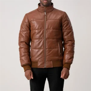 Lucas Brown Leather Puffer Bomber Jacket