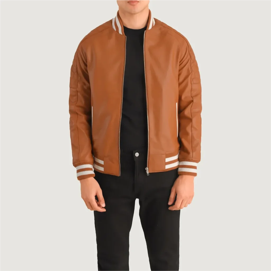Tan Brown Leather Varsity Jacket